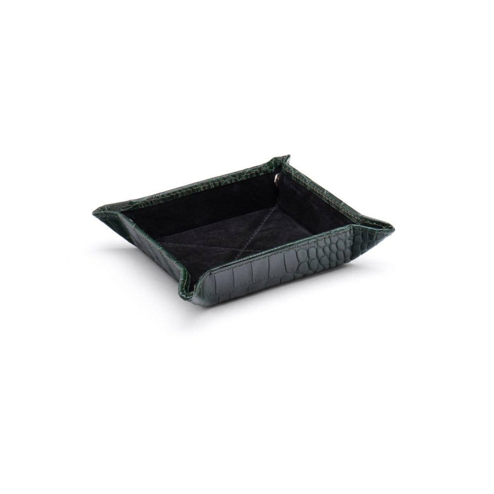 Small leather valet tray, green croc with black, front