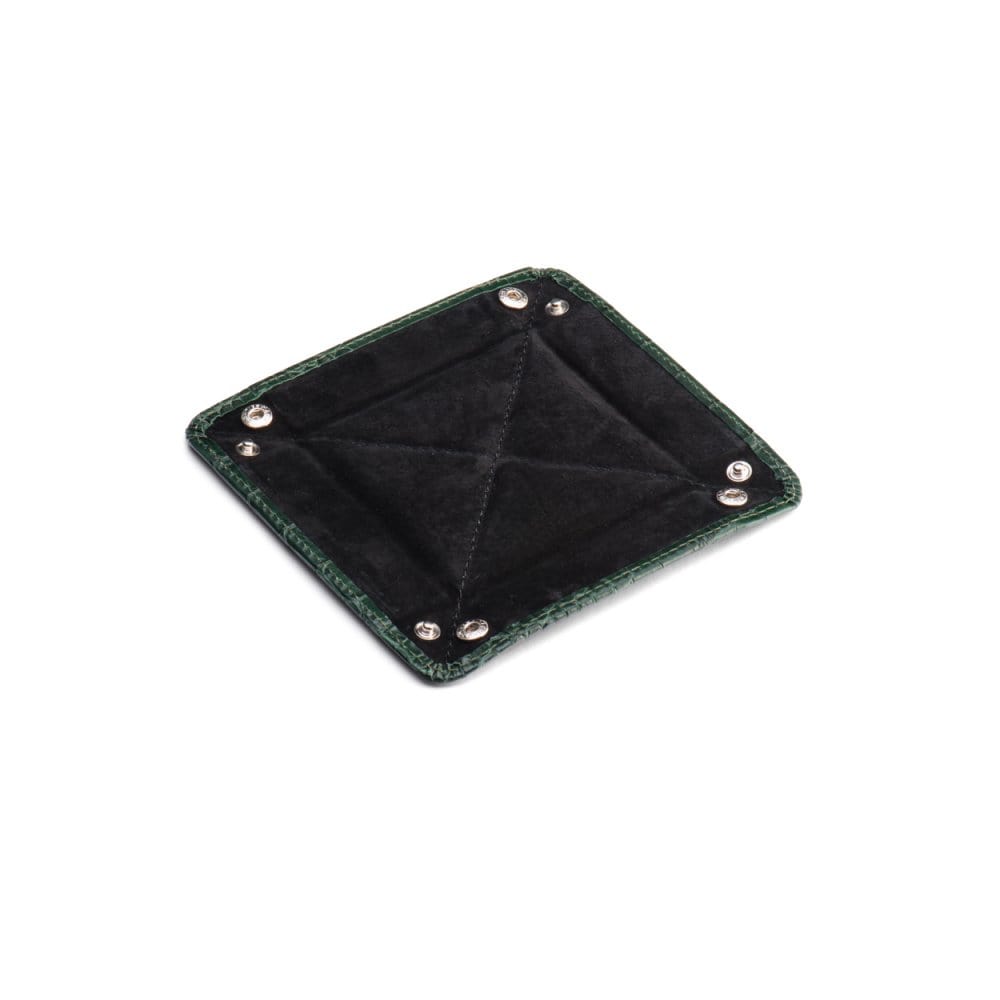 Small leather valet tray, green croc with black, open