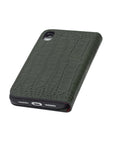 Leather iPhone XR wallet case, green croc, base