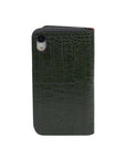 Leather iPhone XR wallet case, green croc, back