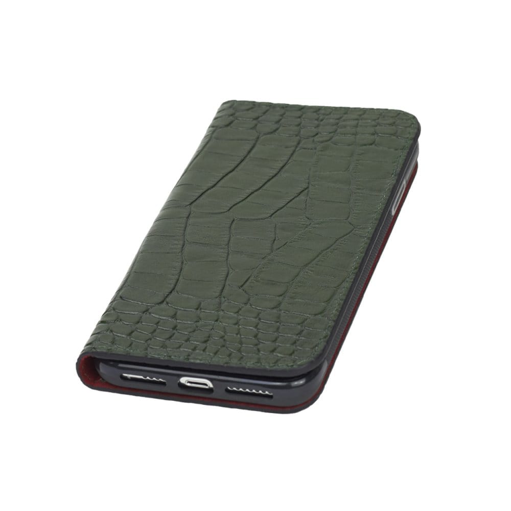 iPhone XS Max wallet case, green croc, front