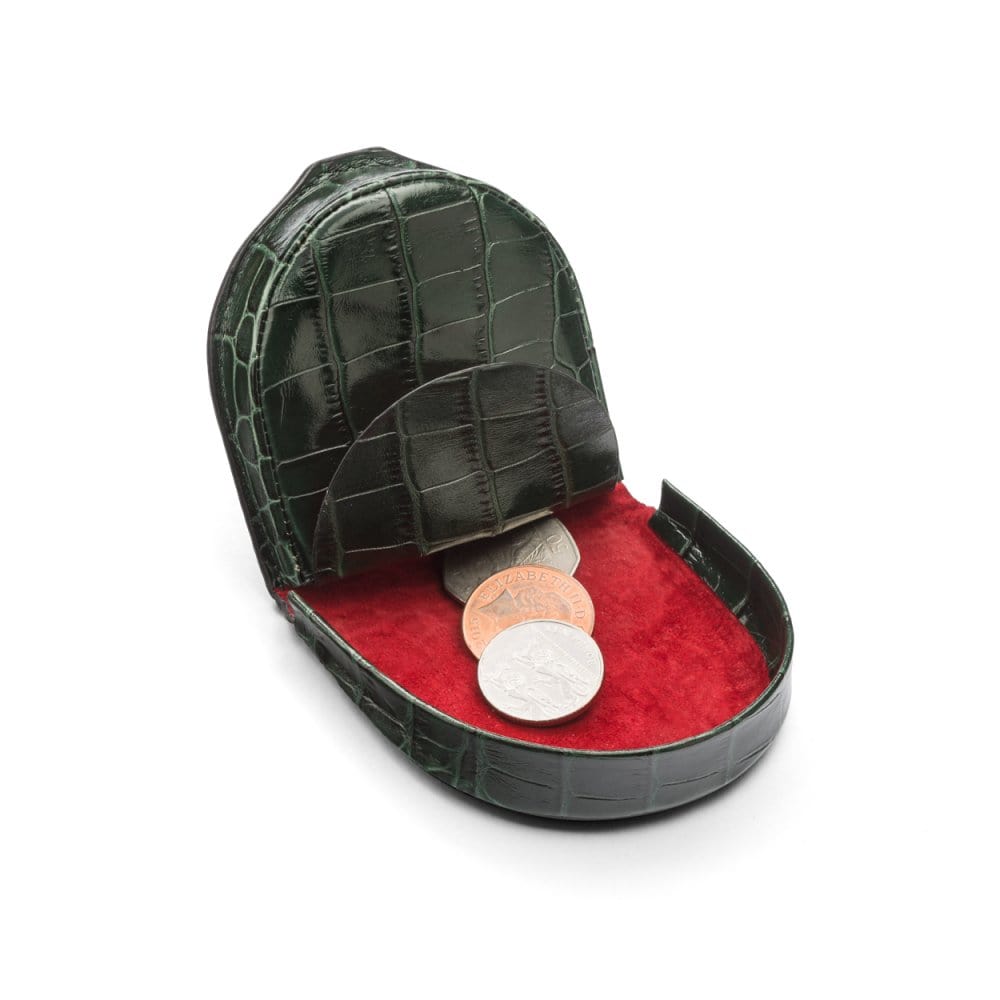 Leather horseshoe coin purse, green croc, open