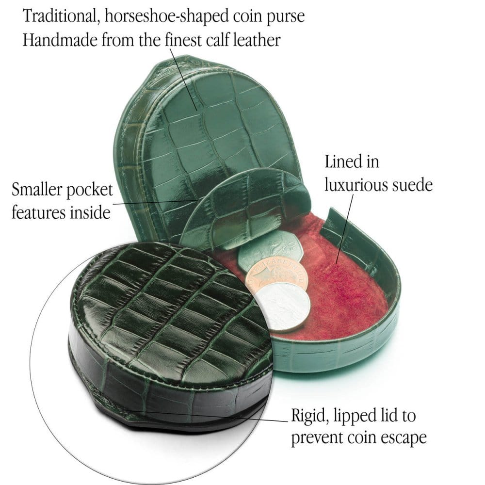 Leather horseshoe coin purse, green croc, features
