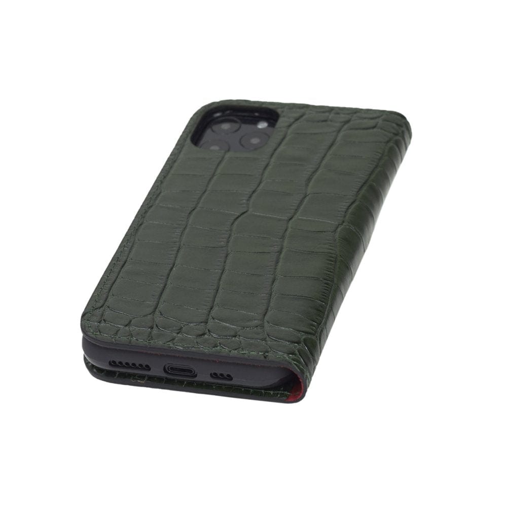 Leather iPhone 11 Pro wallet case, green croc, back