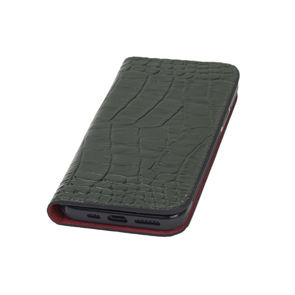 Leather iPhone 11 Pro wallet case, green croc, front