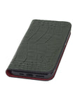 Leather iPhone 11 Pro wallet case, green croc, front