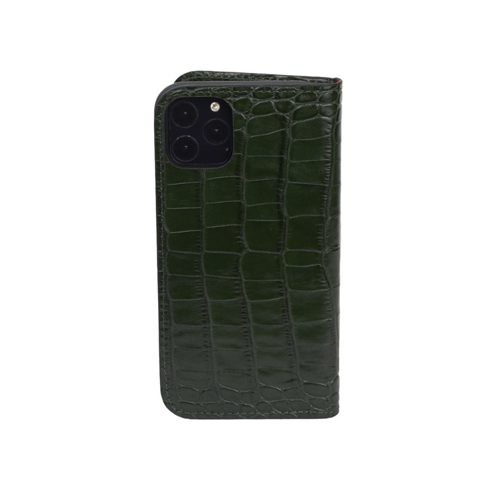 Leather iPhone 11 Pro wallet case, green croc, back