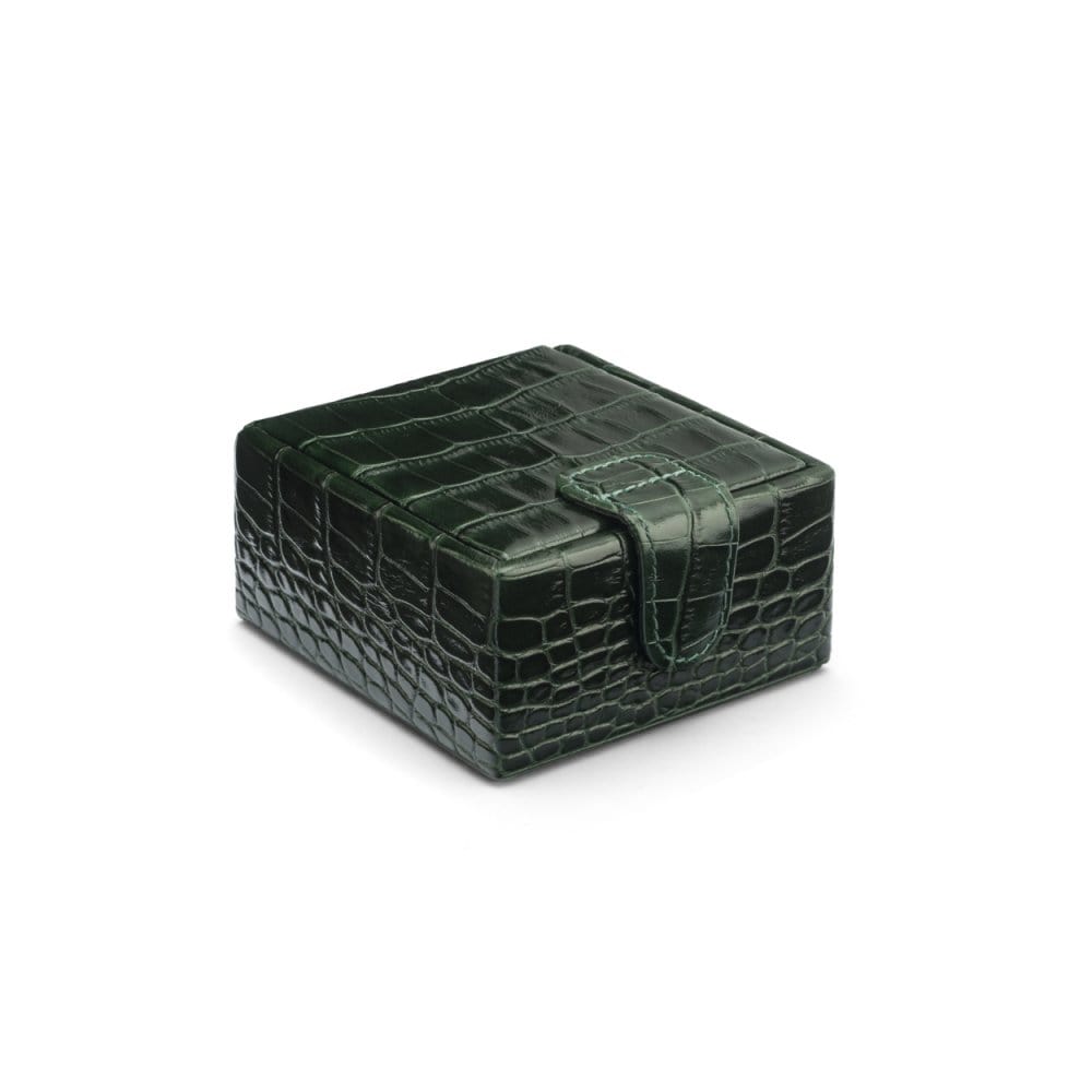 Leather jewellery box, green croc, front