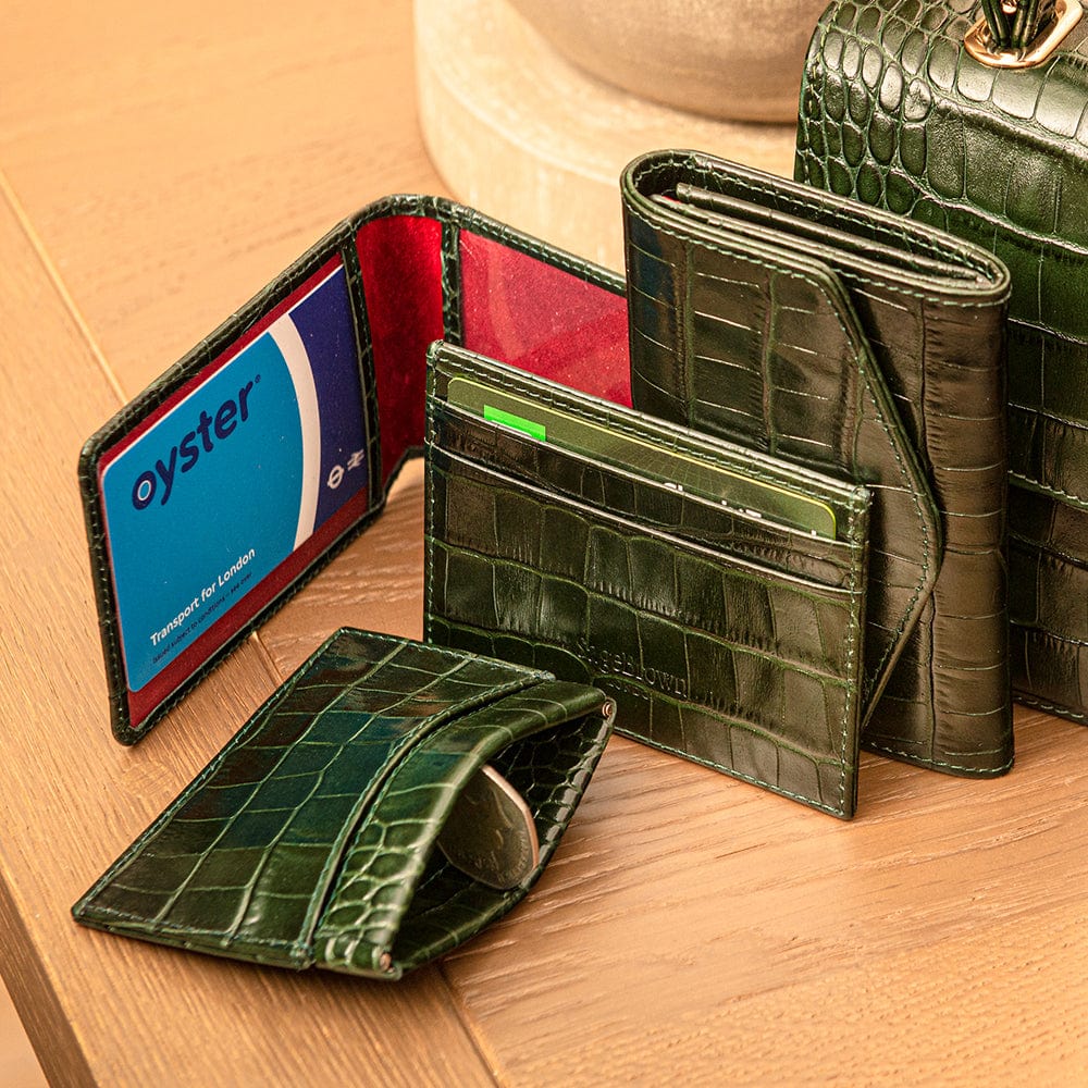Leather Oyster card holder, green croc, lifestyle
