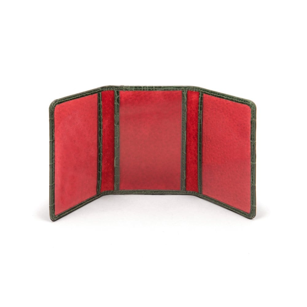 Leather tri-fold travel card holder, green croc, open