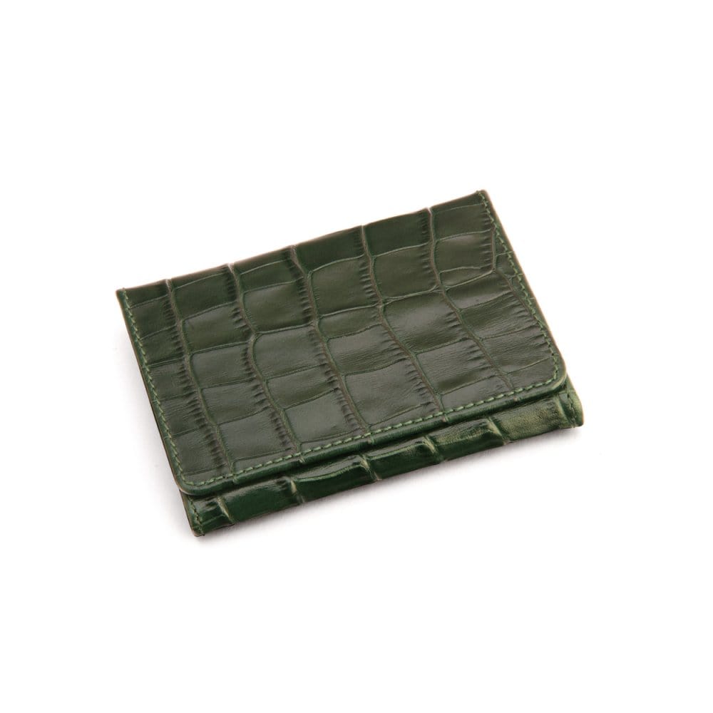 Leather tri-fold travel card holder, green croc, front