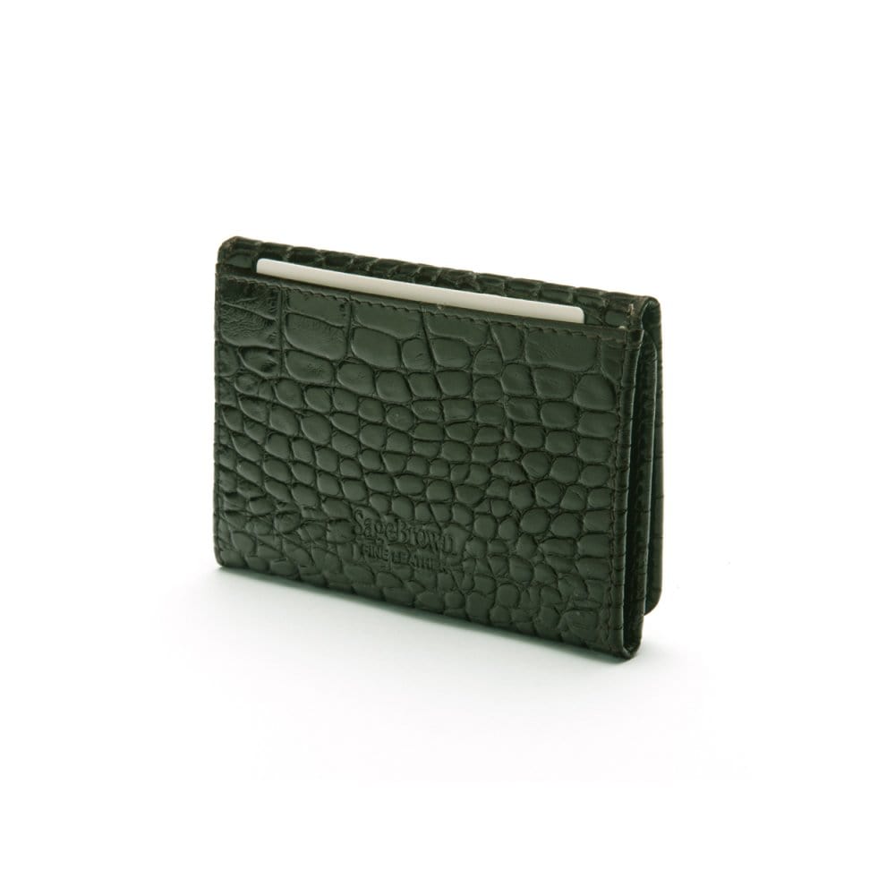 Leather tri-fold travel card holder, green croc, back