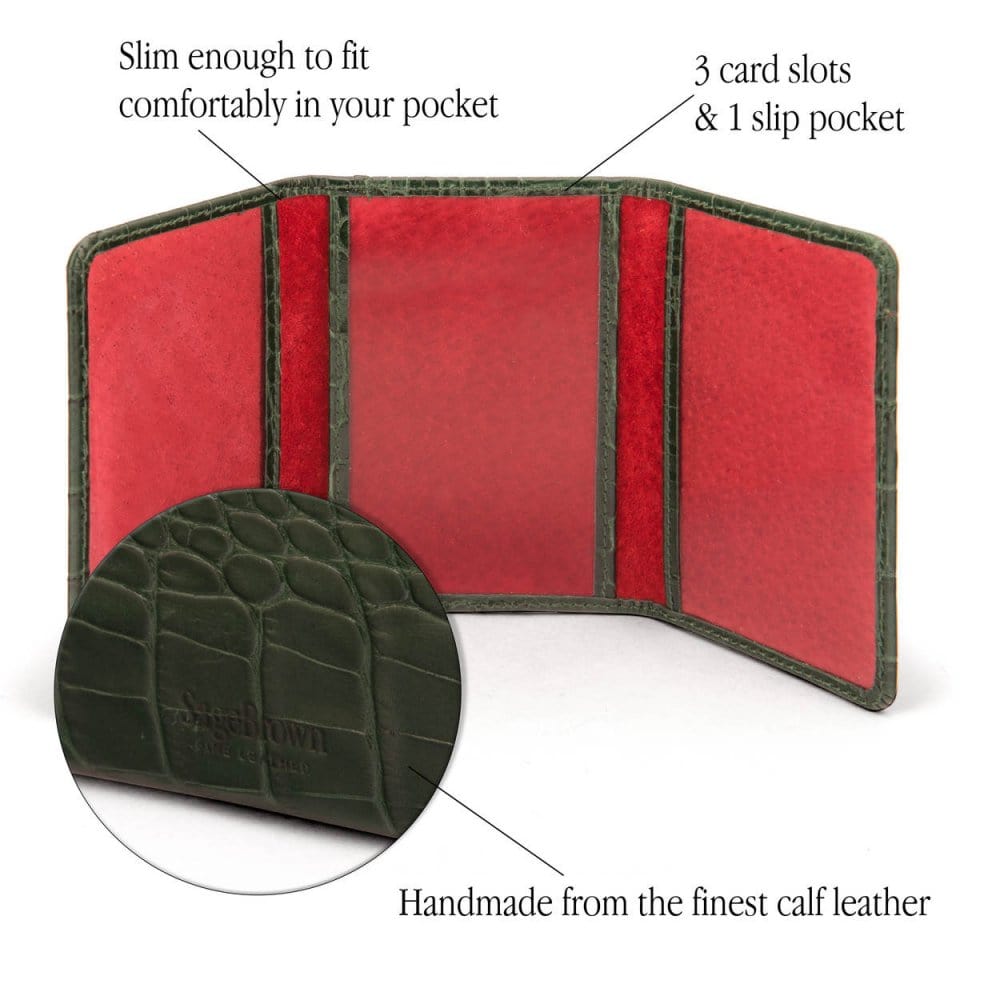 Leather tri-fold travel card holder, green croc, features