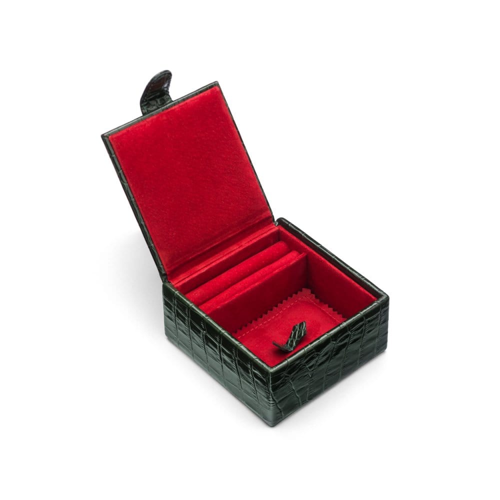 Compact leather jewellery box, green croc, inside
