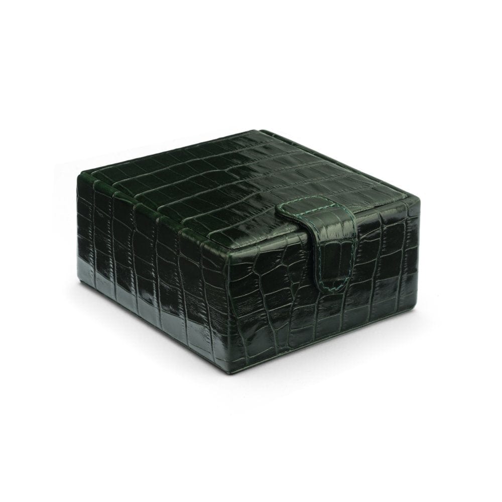 Compact leather jewellery box, green croc, front