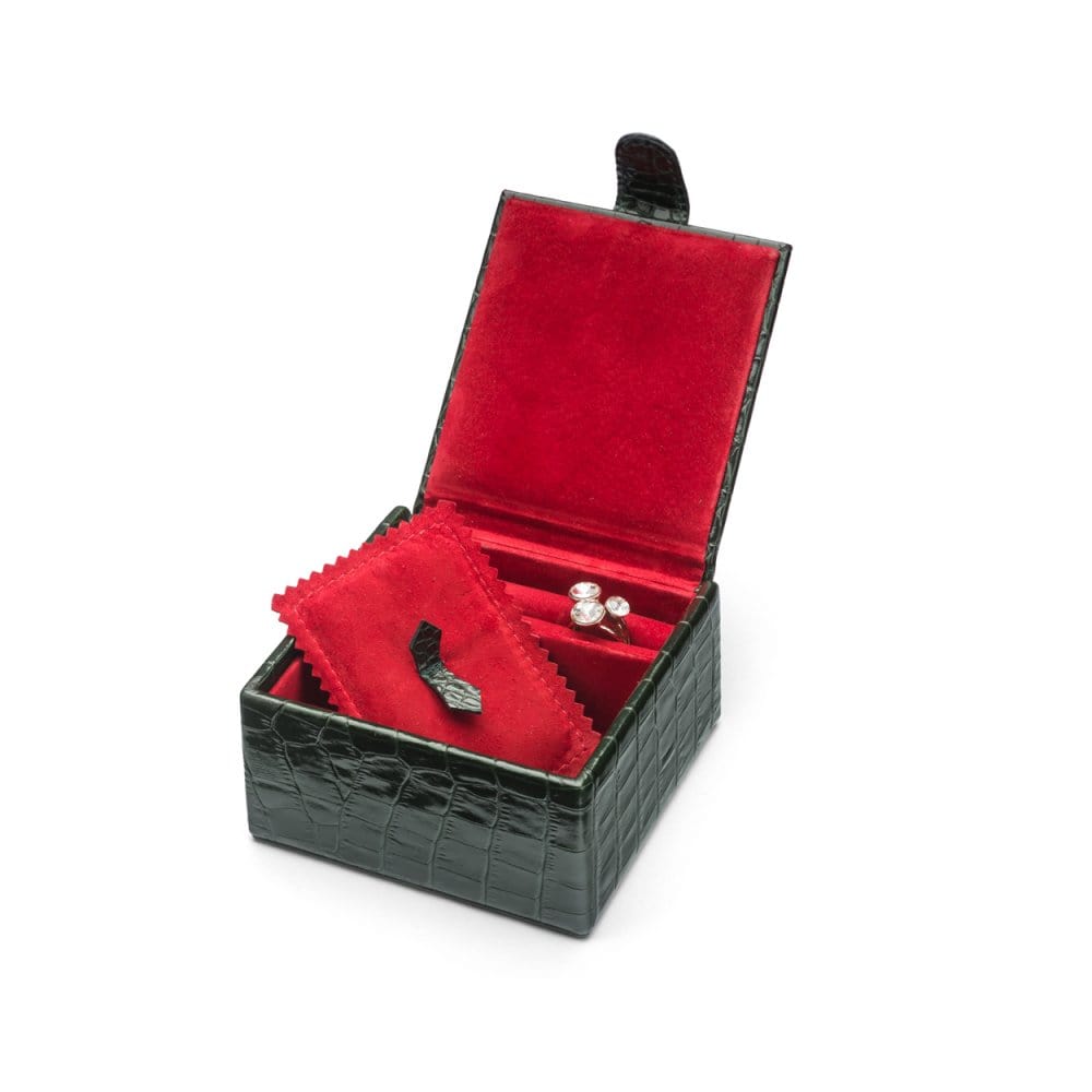 Compact leather jewellery box, green croc, open
