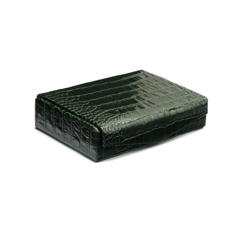 Luxury leather jewellery box, green croc, front