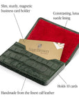 Leather business card holder with magnetic closure, green croc, features