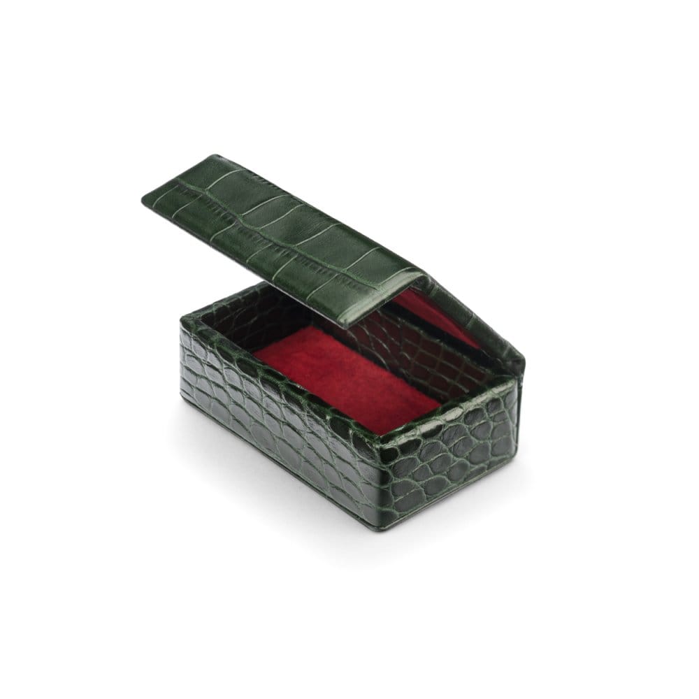 Mini leather accessory box, green croc, open