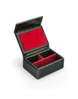 Small leather accessory box, green croc with red, inside