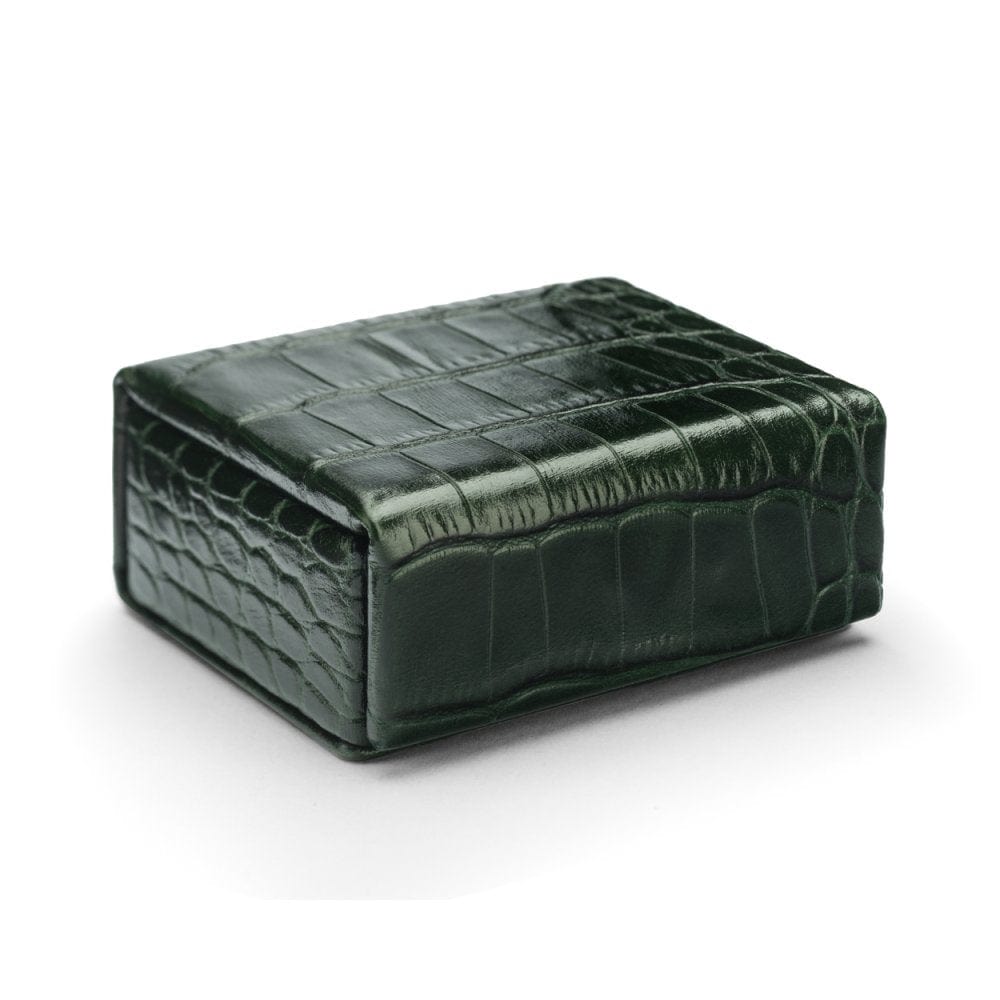 Small leather accessory box, green croc with red, front