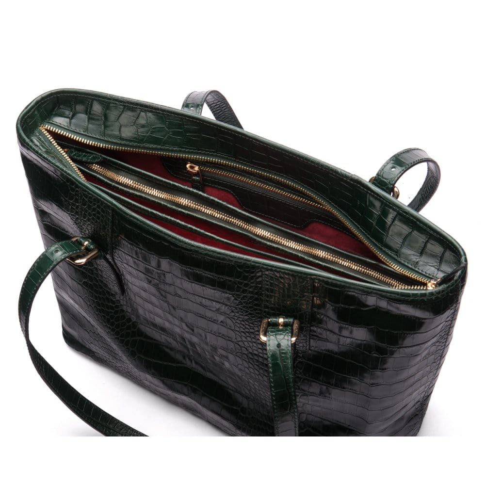 Women's leather 13" laptop workbag, green croc, open