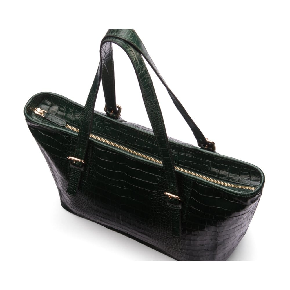 Women's leather 13" laptop workbag, green croc, zip cosure