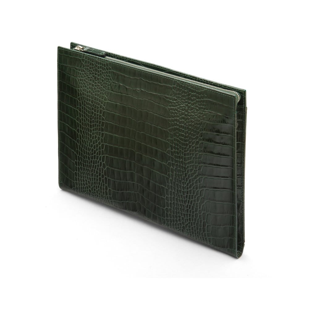 Zip top leather folder, green croc, side view