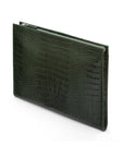 Zip top leather folder, green croc, side view