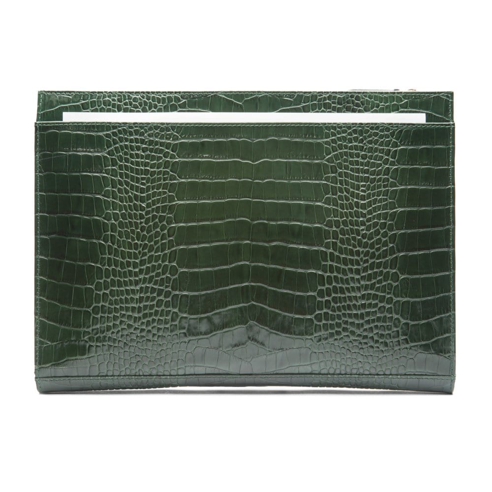 Zip top leather folder, green croc, front view