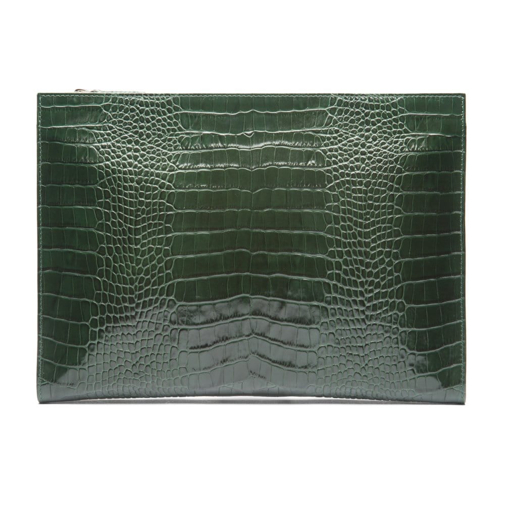 Zip top leather folder, green croc, back view