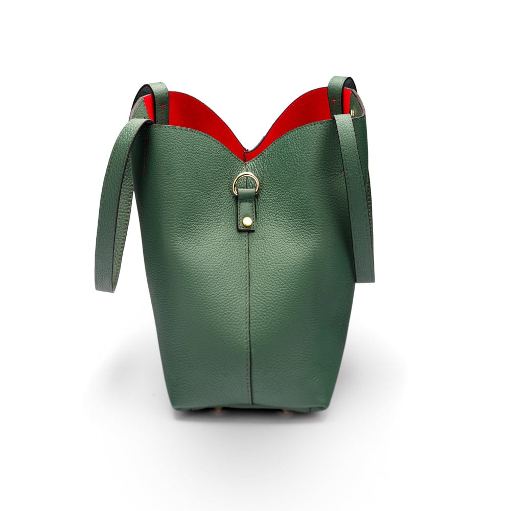 Leather tote bag, green, side view
