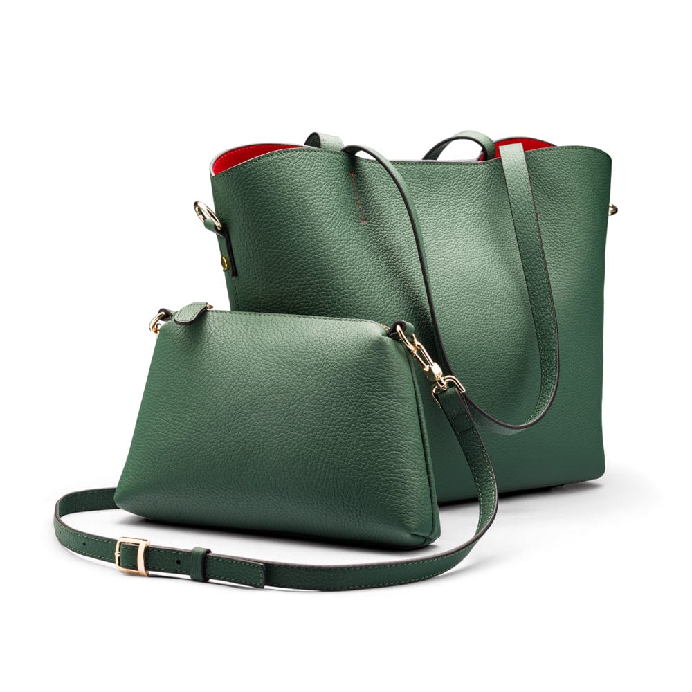 Leather tote bag, green, with inner bag