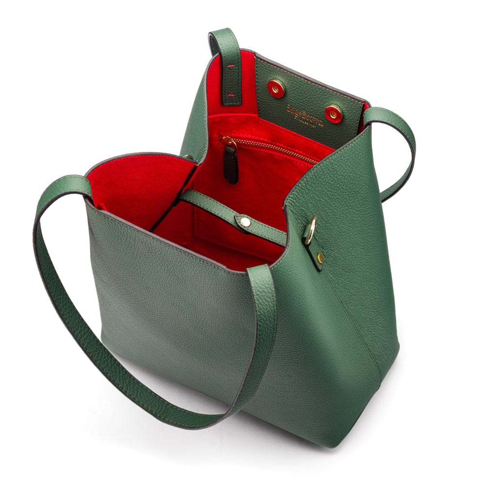 Leather tote bag, green, inside closed