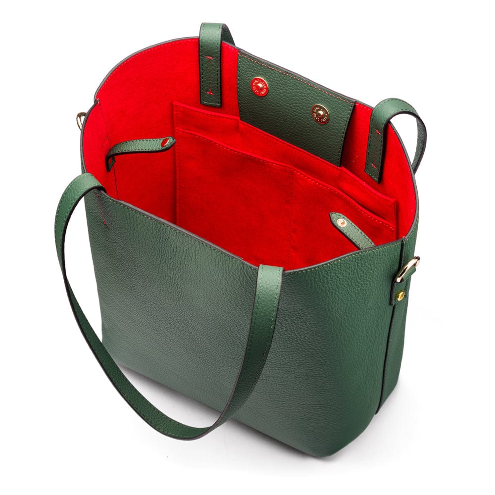 Leather tote bag, green, inside open