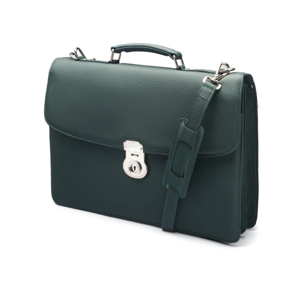 Leather briefcase with silver lock, Harvard, green pebble grain, side