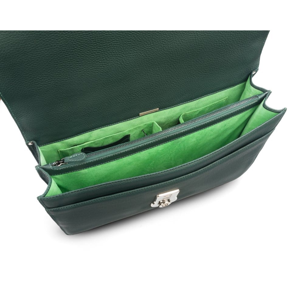 Leather briefcase with silver lock, Harvard, green pebble grain, inside