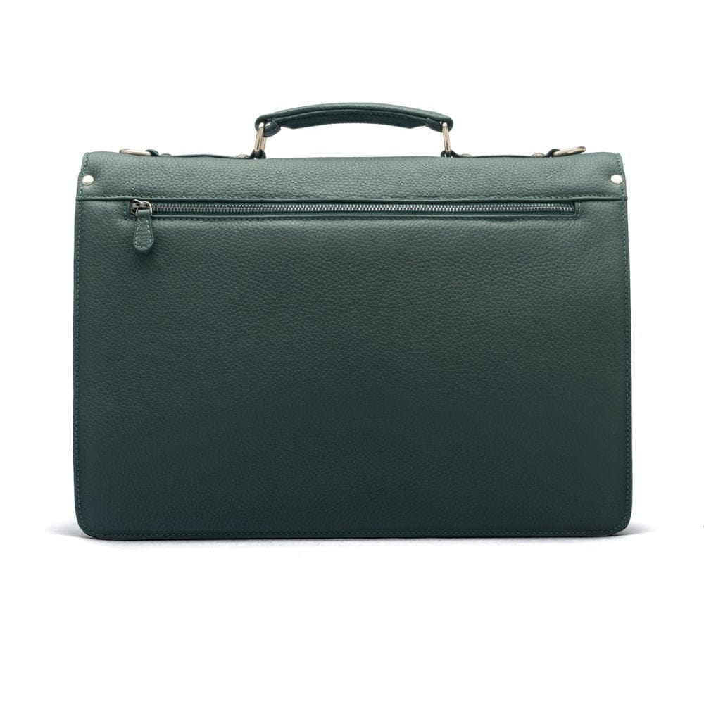 Leather briefcase with silver lock, Harvard, green pebble grain, back