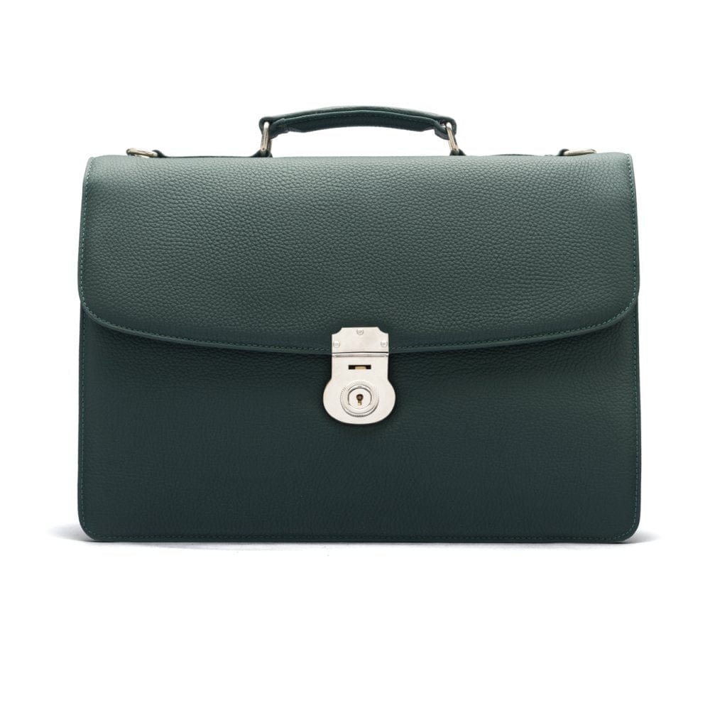 Leather briefcase with silver lock, Harvard, green pebble grain, front