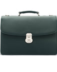 Leather briefcase with silver lock, Harvard, green pebble grain, front