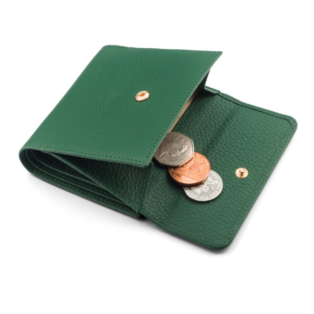 Women's leather purse with 6 cards and coins, green, open view
