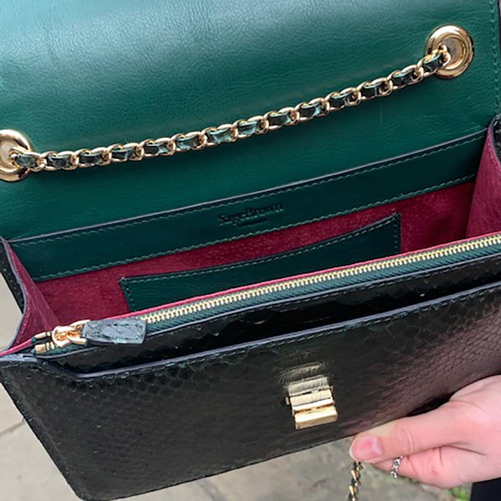 Leather chain bag, green python, inside view