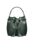 Woven leather bucket bag, green, front