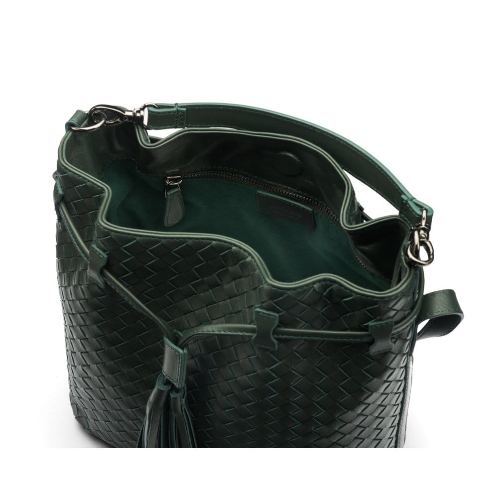 Woven leather bucket bag, green, inside