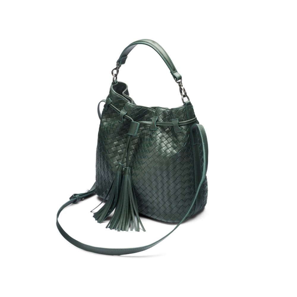 Woven leather bucket bag, green, side