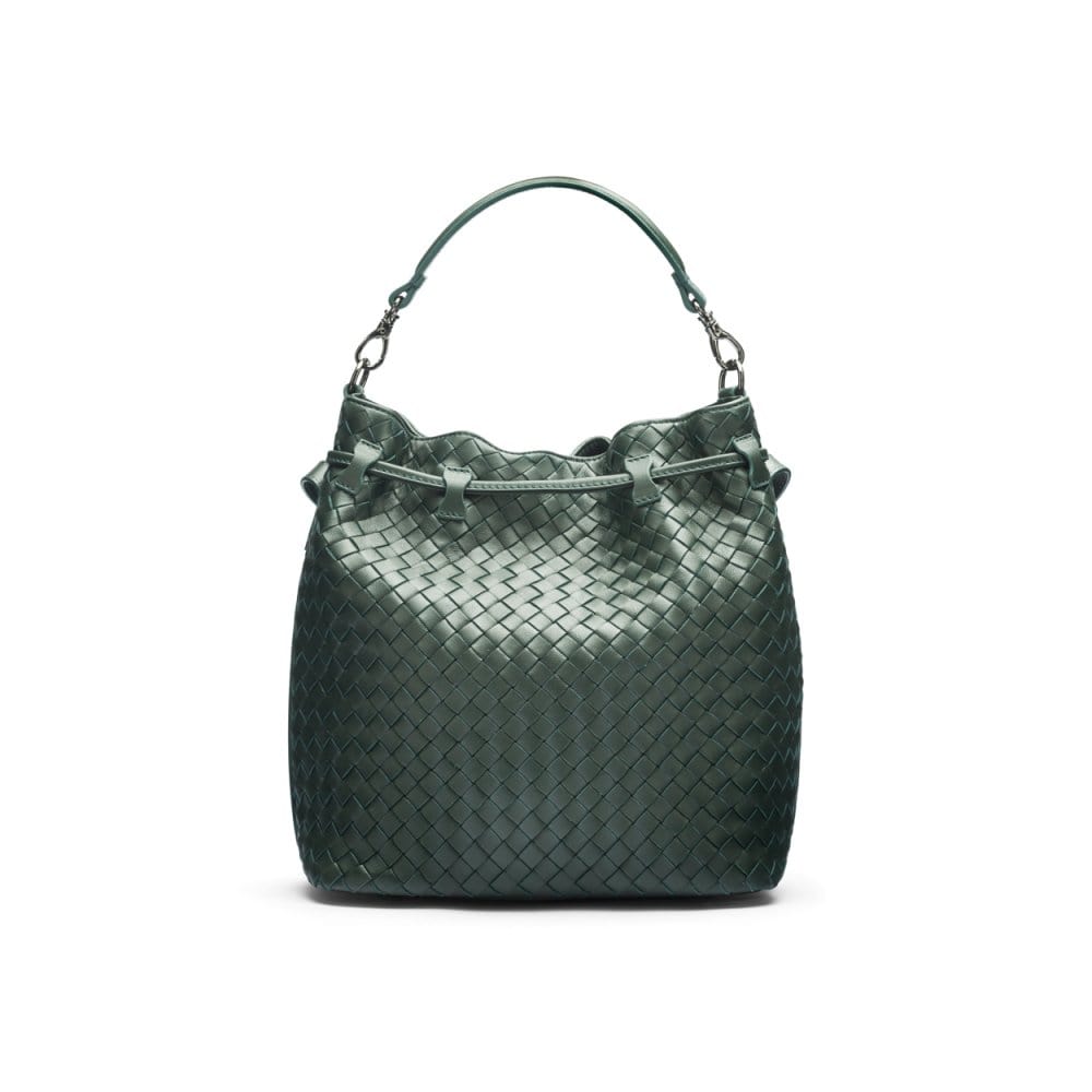 Woven leather bucket bag, green, back