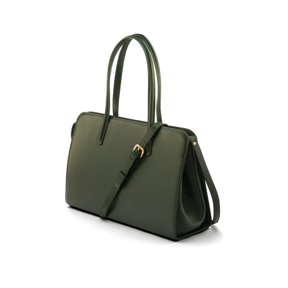 Ladies' leather 15" laptop handbag, green, with shoulder strap