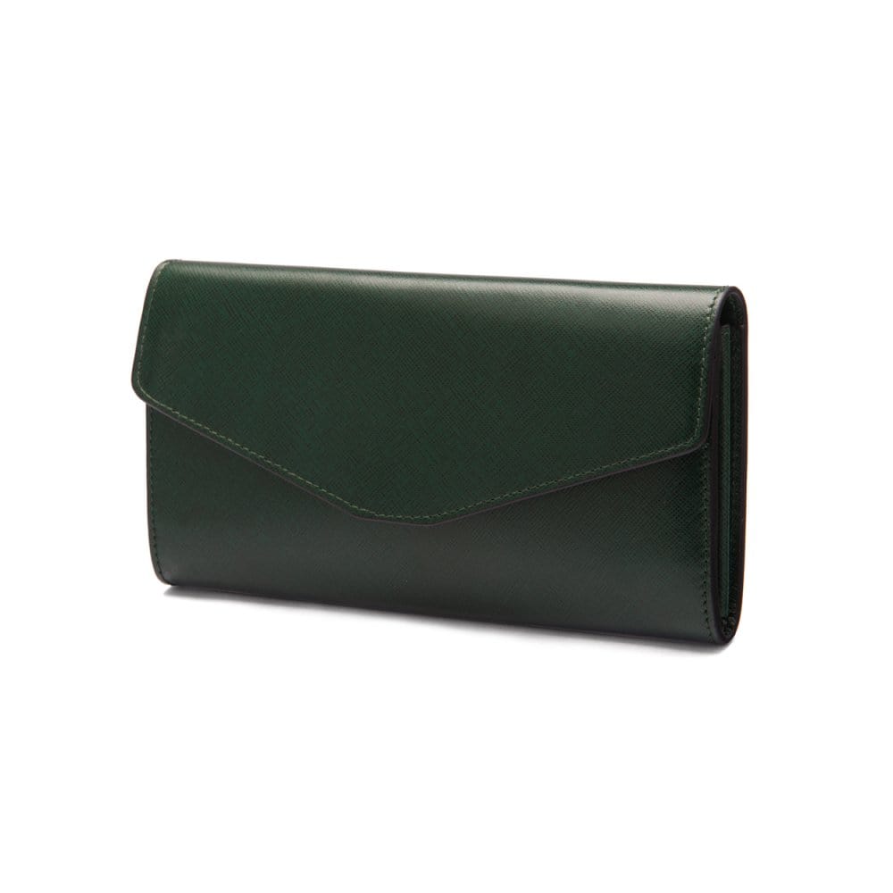Leather accordion clutch purse with 12 card slots, green saffiano, front