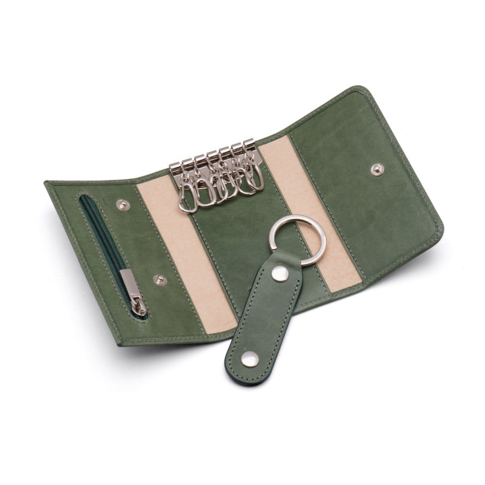 Key wallet with detachable key fob, green, open