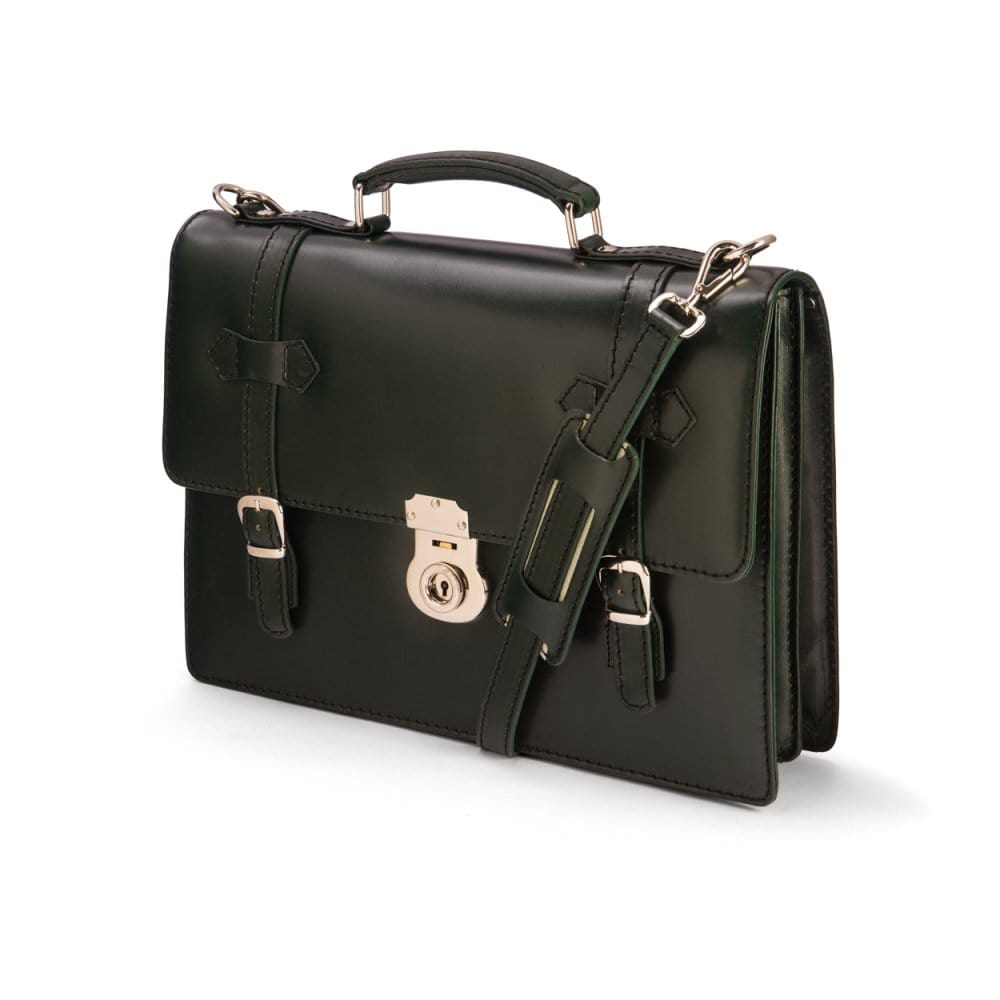 Leather Cambridge satchel briefcase with silver brass lock, green, side